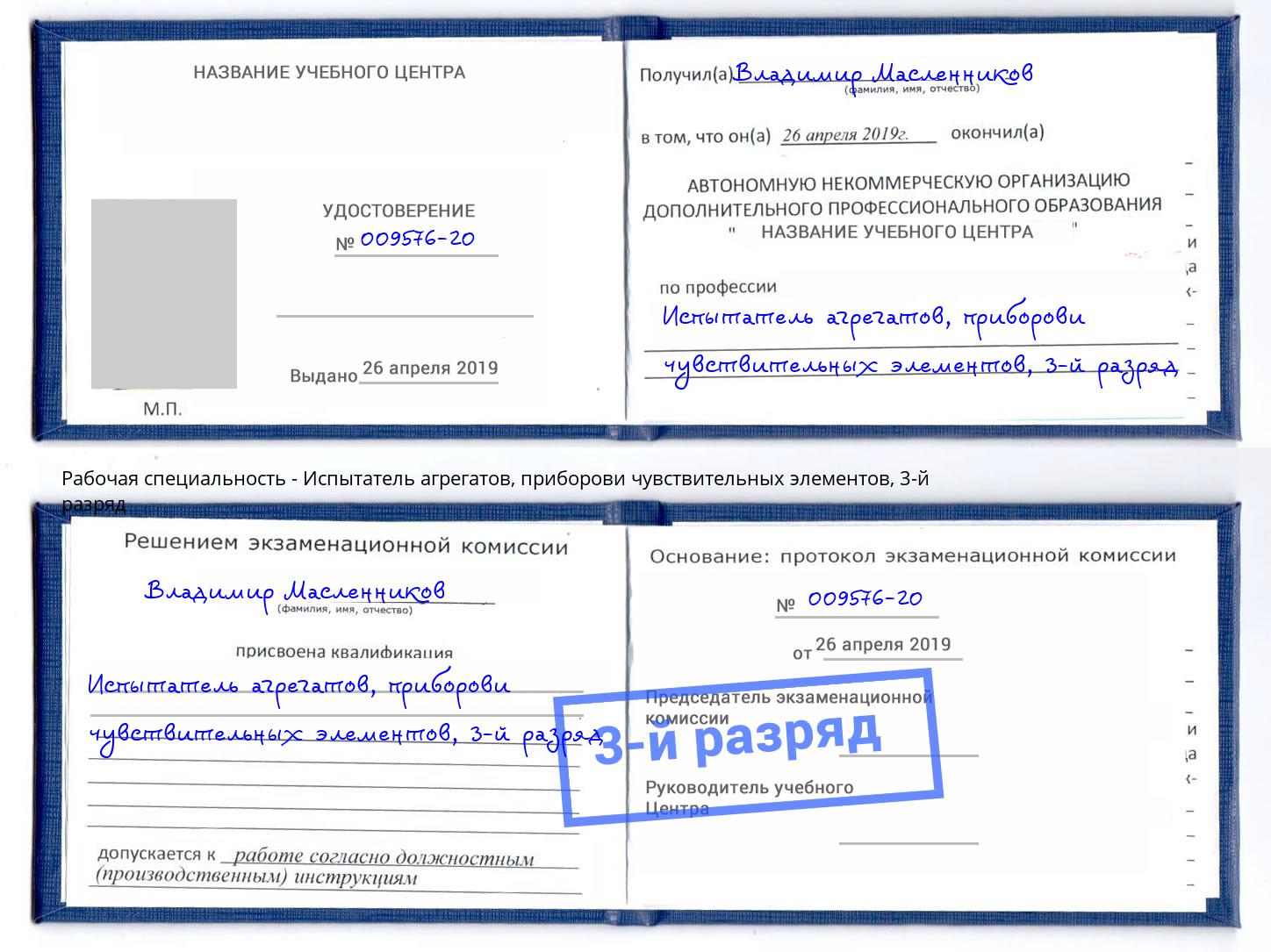 корочка 3-й разряд Испытатель агрегатов, приборови чувствительных элементов Ишим