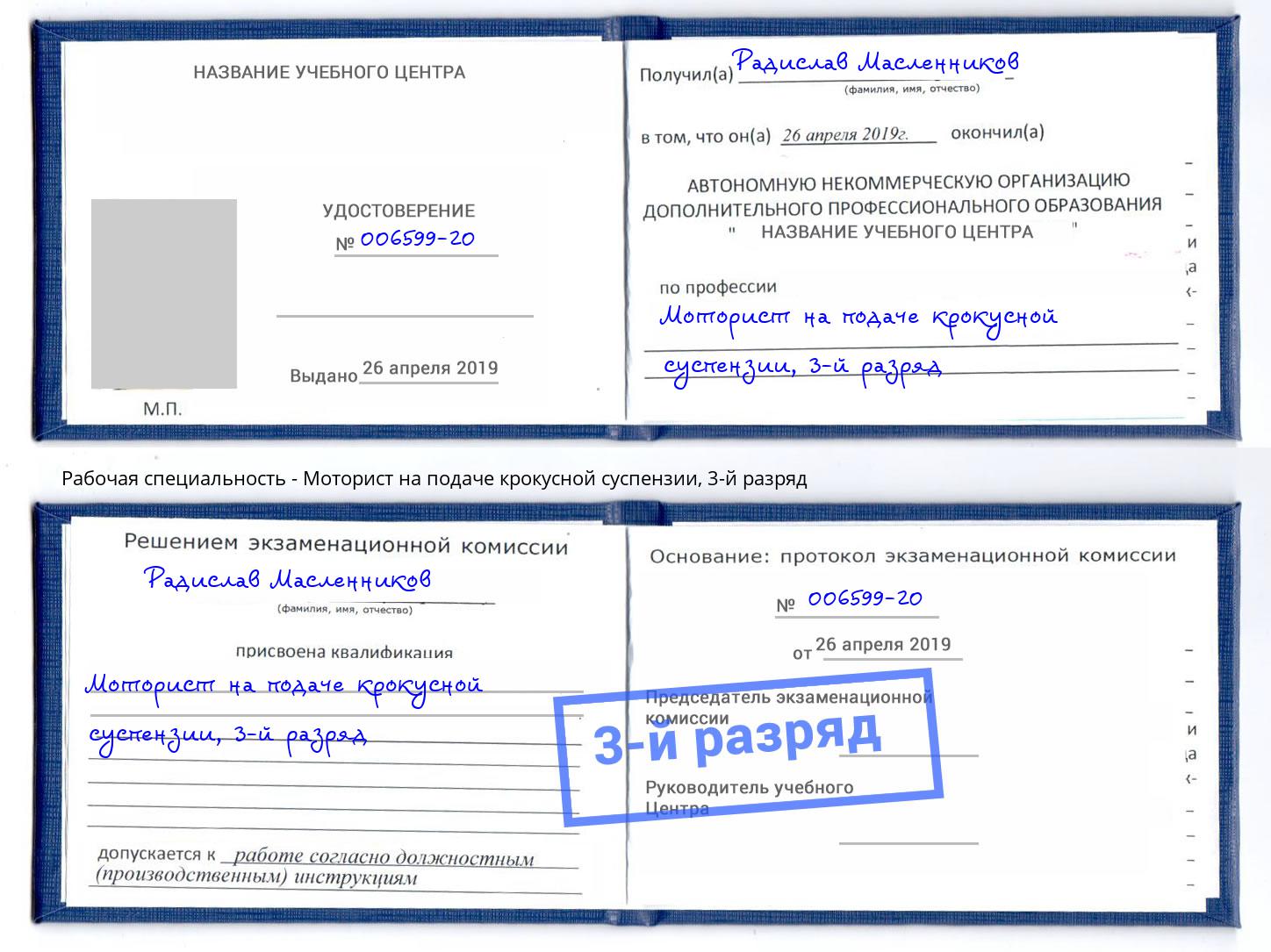 корочка 3-й разряд Моторист на подаче крокусной суспензии Ишим