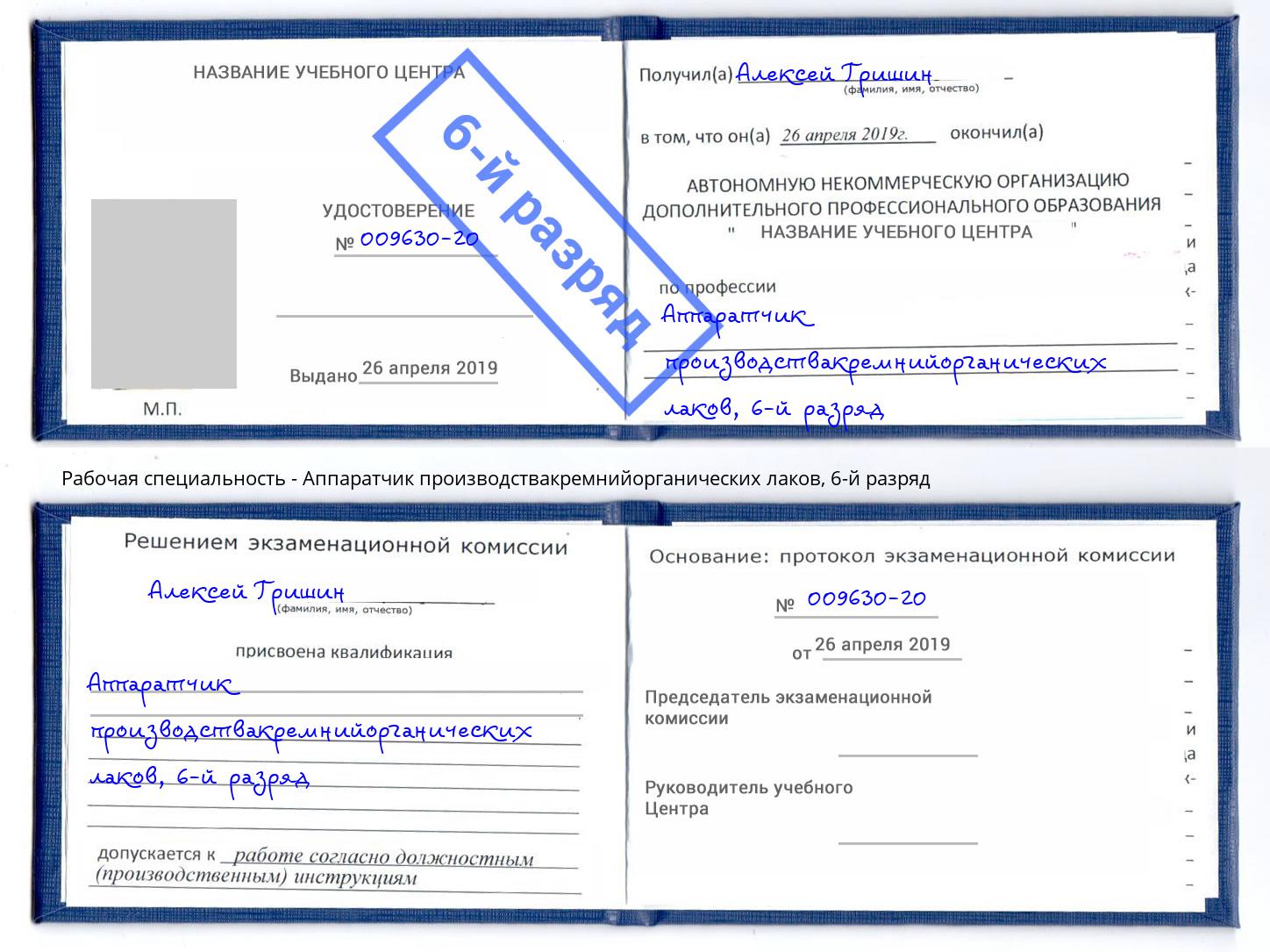 корочка 6-й разряд Аппаратчик производствакремнийорганических лаков Ишим