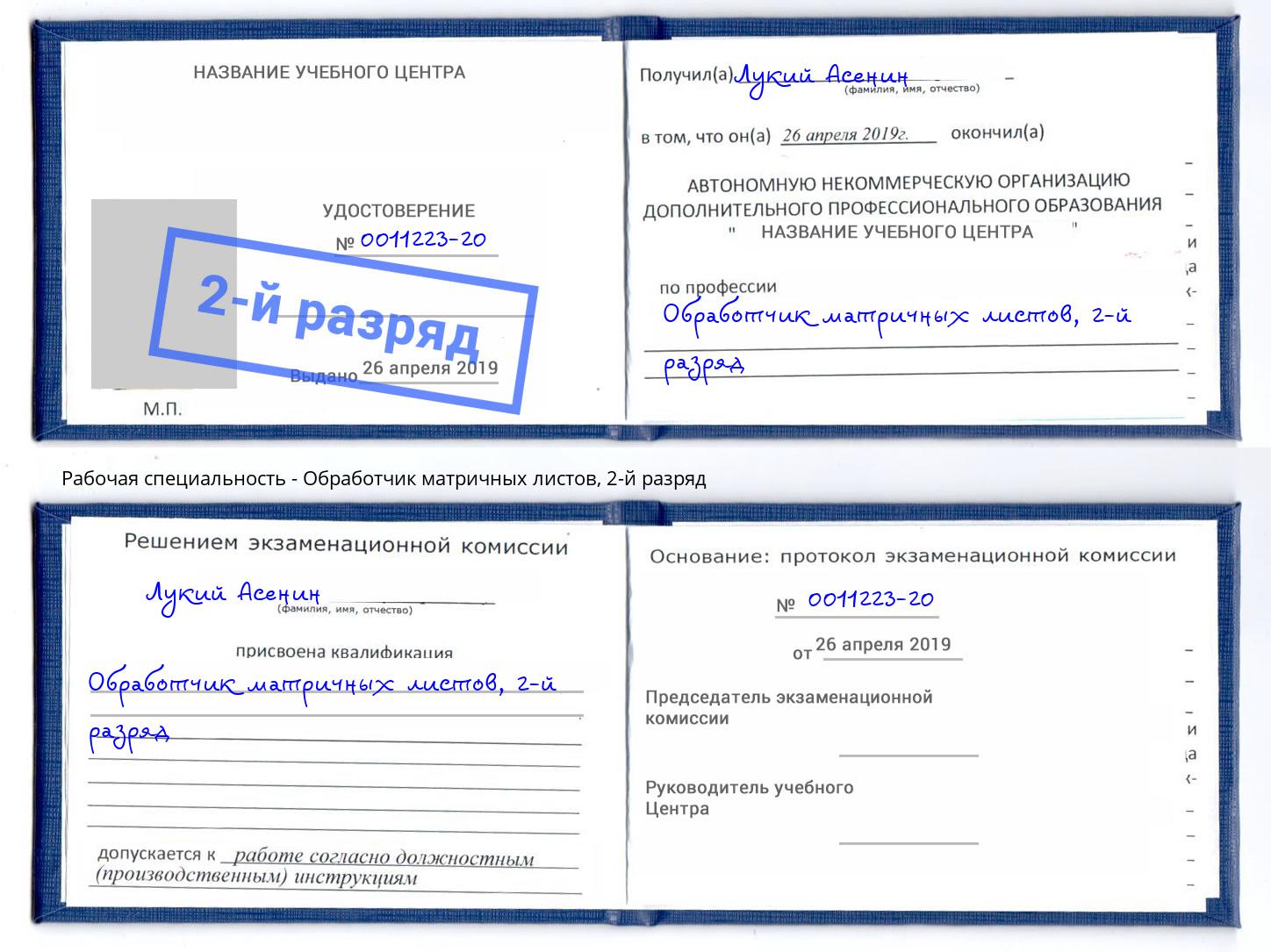 корочка 2-й разряд Обработчик матричных листов Ишим