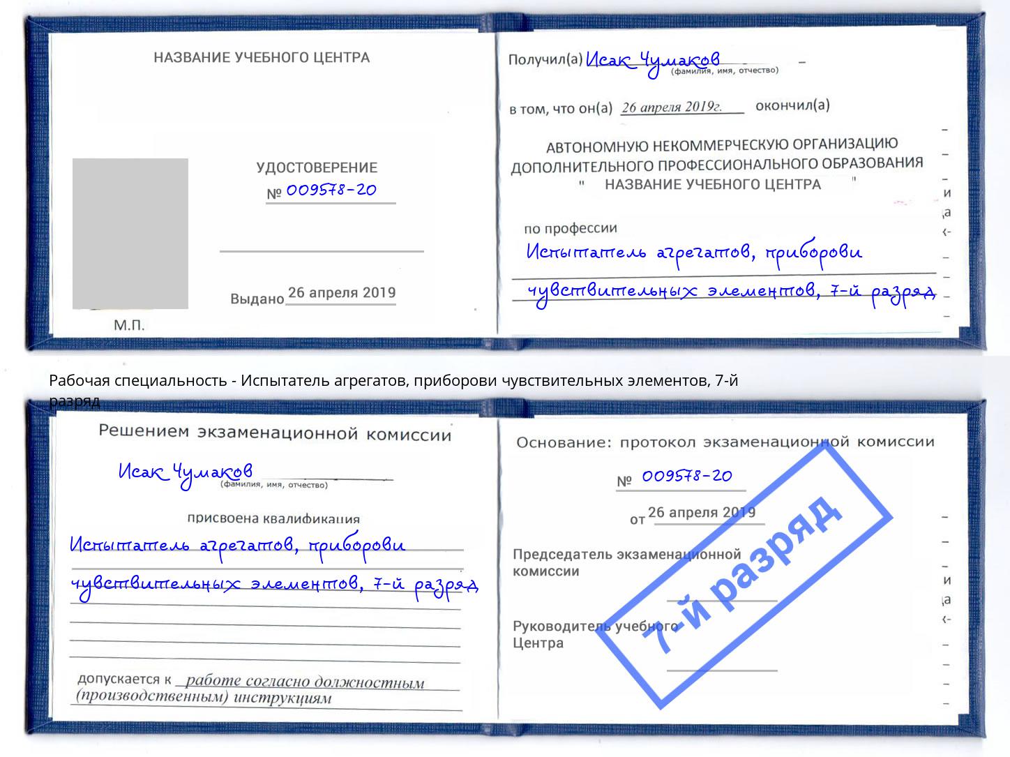корочка 7-й разряд Испытатель агрегатов, приборови чувствительных элементов Ишим