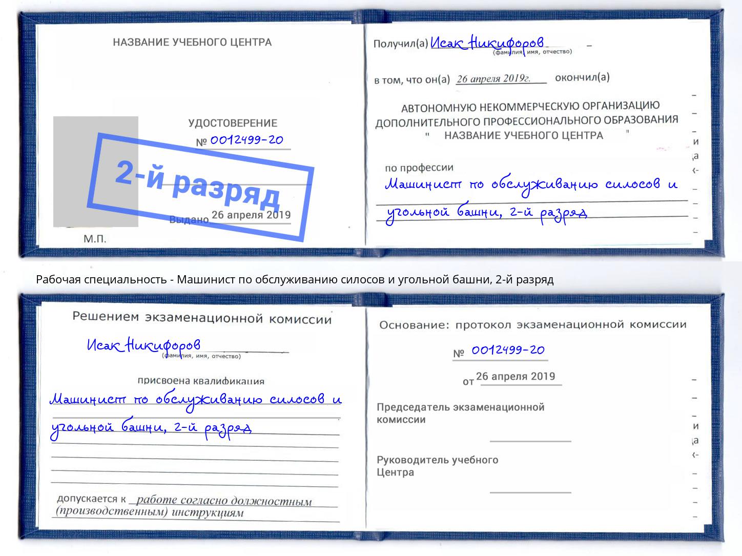 корочка 2-й разряд Машинист по обслуживанию силосов и угольной башни Ишим
